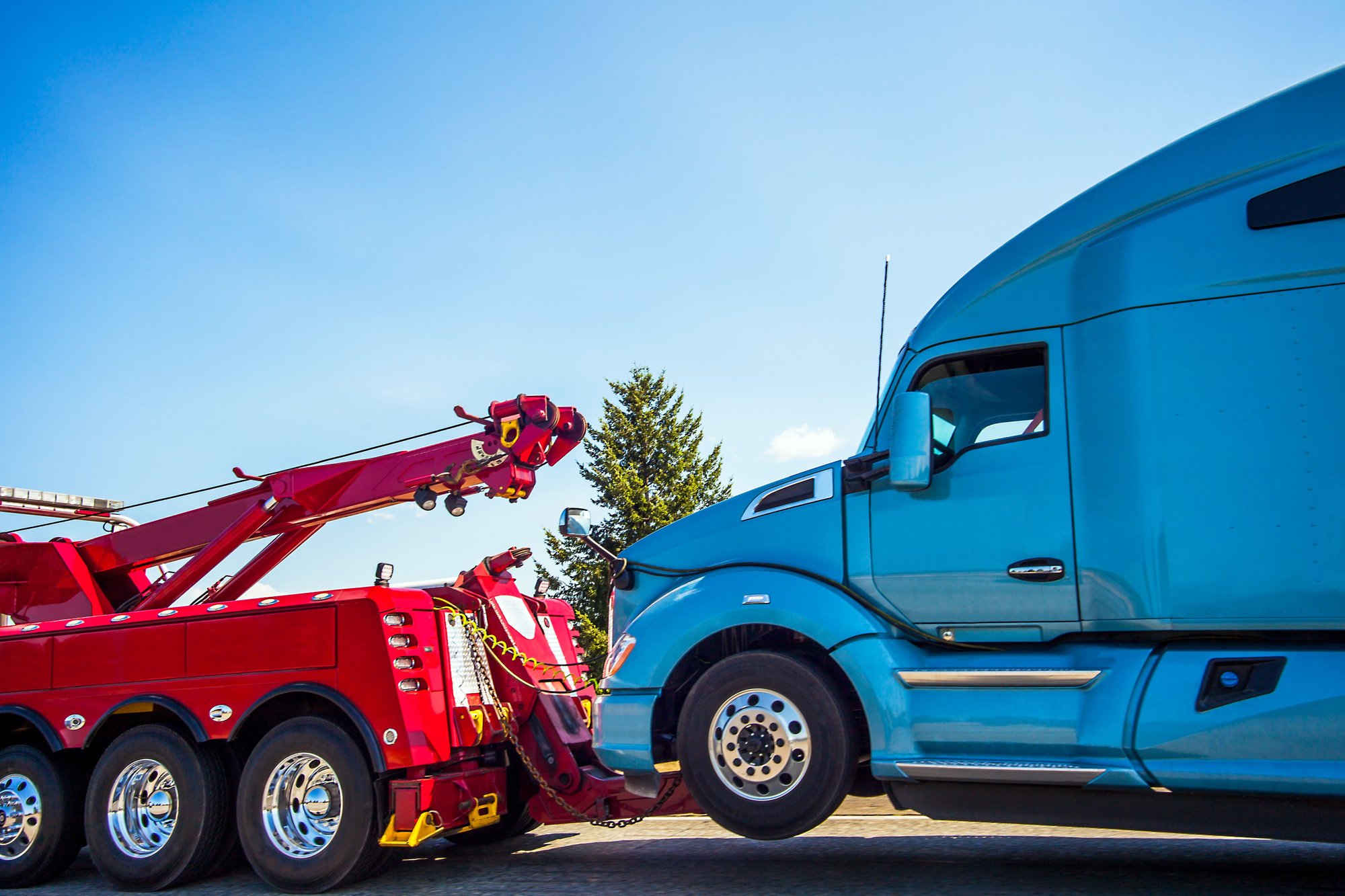 semi tractor being towed