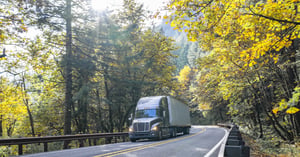 Picturesque view of a semi truck driving on a narrow road with foliage